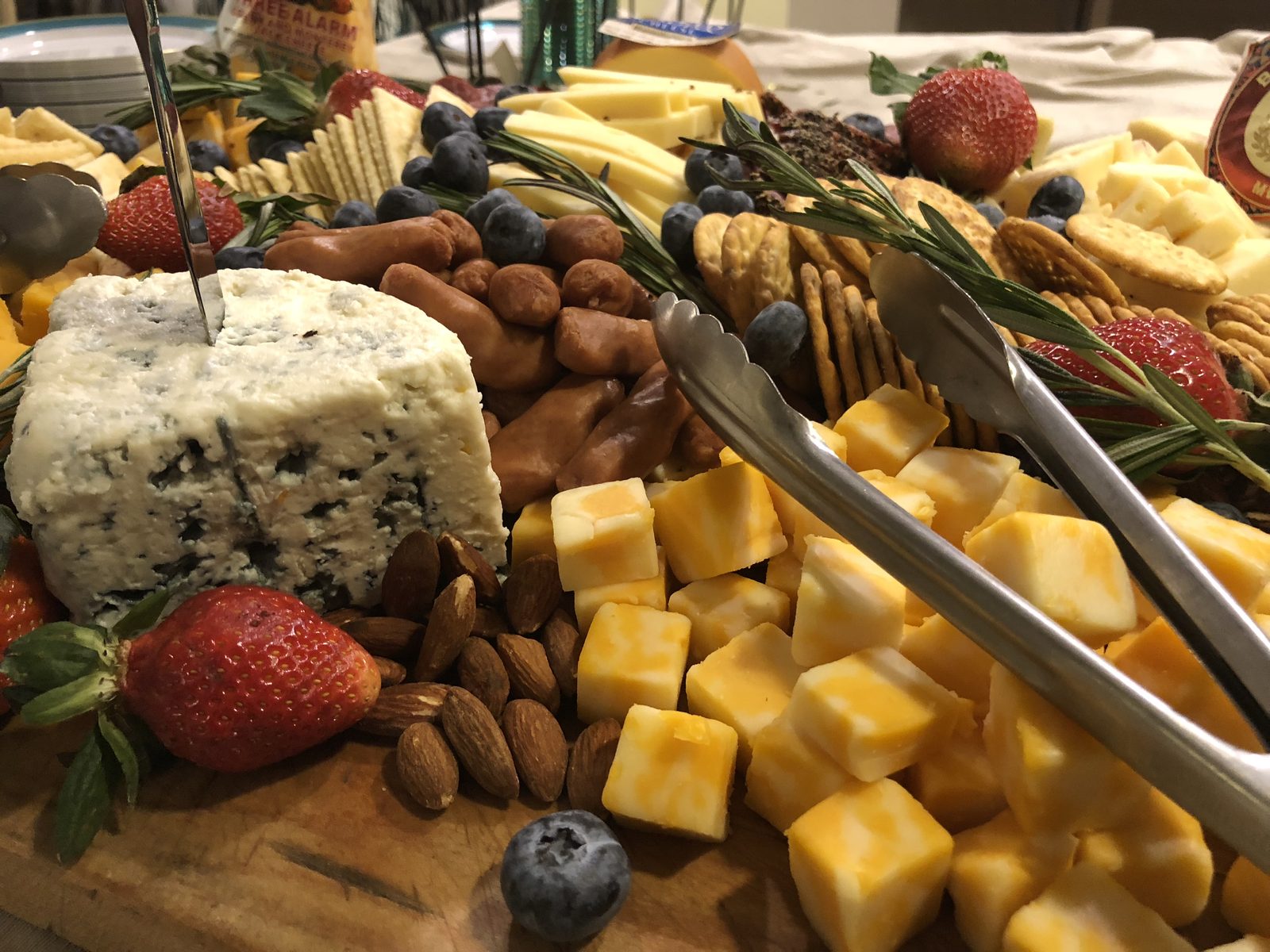 Grazing table with cheeses and charcuterie